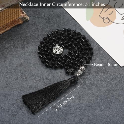 INBLUE 108 Mala Prayer Beads Wrap Necklace with Long Tassel Boho Necklace for Women Amazonite Bead Bracelet with Spiritual Tree of Life Pendant 108 Beads Necklace for Meditation - color: Natural Black Agate