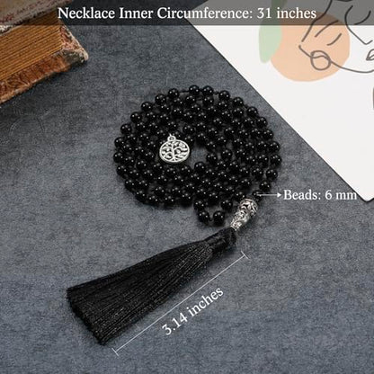 INBLUE 108 Mala Prayer Beads Wrap Necklace with Long Tassel Boho Necklace for Women Amazonite Bead Bracelet with Spiritual Tree of Life Pendant 108 Beads Necklace for Meditation - color: Natural Black Agate