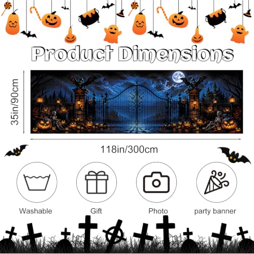Haunted Gate Halloween Fence Banner 118 x 35 Inch, Large Waterproof Outdoor Banner with Gothic Gate, Bats, Pumpkins, Moon, Skeletons & Haunted Castle for Yard Fence Decorations - color: 277-1