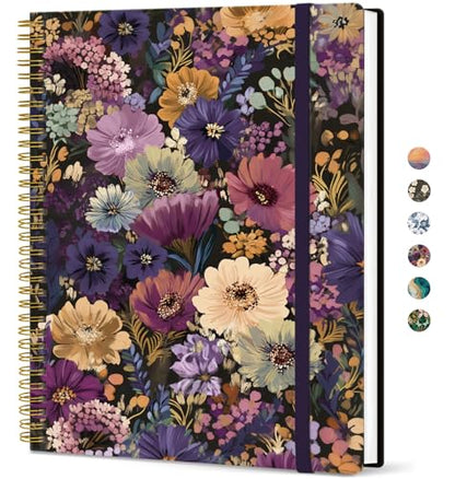 Taja Large Spiral Lined Journal for Women and Men, Notebook for Work - color: R-Midnight Bloom