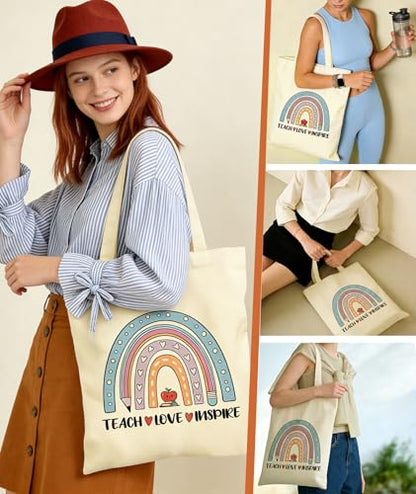 Women's Canvas Tote Bags with Inner Pockets & Metal Snap, Reusable Tote Bag for Girl's Vacation Travel Gym Shopping - color: Teacher