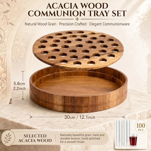 Zhehao 1 Pcs Wood Communion Tray Set with Disposable Cups Church Serving Plate Christian Church Supplies for Sunday Service, Fellowship and Ministry (Acacia Wood) - color: Acacia Wood