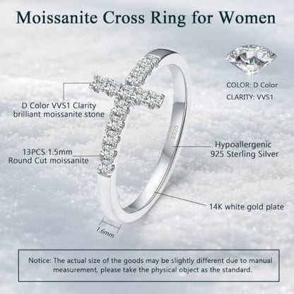 WES Moissanite Cross Ring for Women - Hypoallergenic 925 Sterling Silver 14K White Gold Plated Dainty Stackable Wedding Band Eternity Ring, Size 4-11