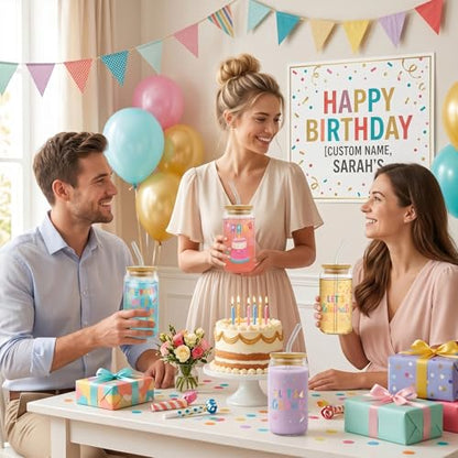Glass Cups with Lids and Straws, 4Pack, 16oz, Birthday Party - color: Happy Birthday