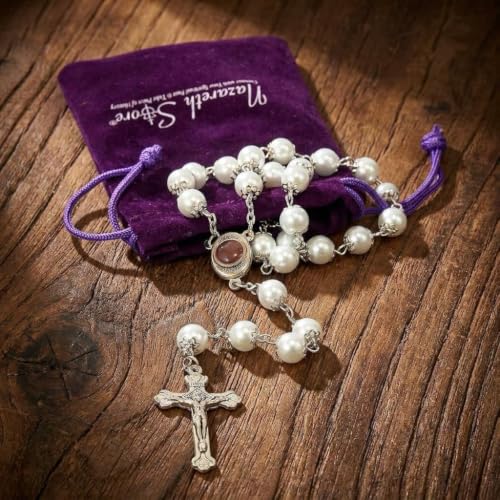 Nazareth Store Wedding White Pearl Beads Rosary Handcrafted Prayer Necklace with Holy Soil Medal and Jesus Cross Crucifix - size: Large