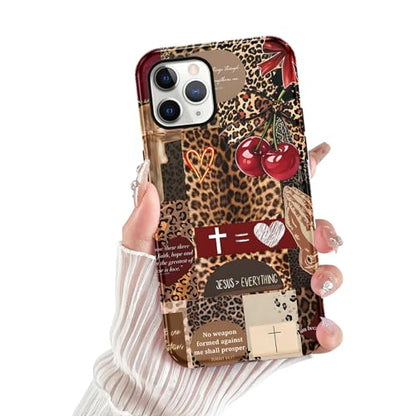 for iPhone 11 Pro 5.8'' Brown Cheetah Christian Phone Case - color: Red Cherry Leopard Collage, size: iPhone 11 Pro