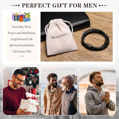 Leather Cross Bracelets for Men : Black Genuine Braided Double Wrap Jesus Cross Braided Leather Bracelets with Stainless Steel Clasp for Men Boyfriend,Christian Jewelry Gifts,8 Inches