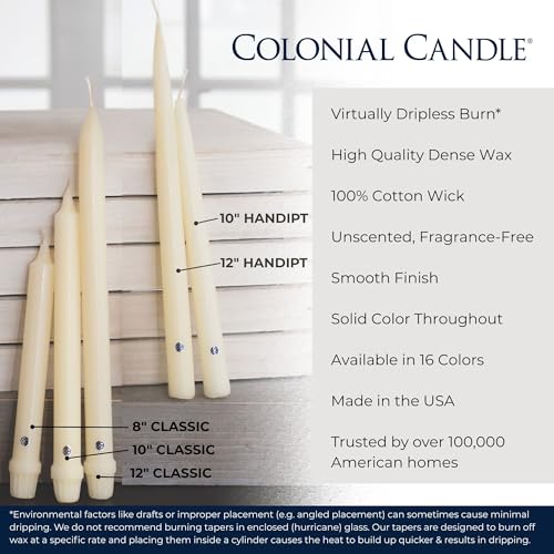 Colonial Candle Unscented Taper Candle, Classic Collection, White, 12 In, Pack of 12 - Up to 10 Hours Burn - color: White, size: 12 In, style: Classic