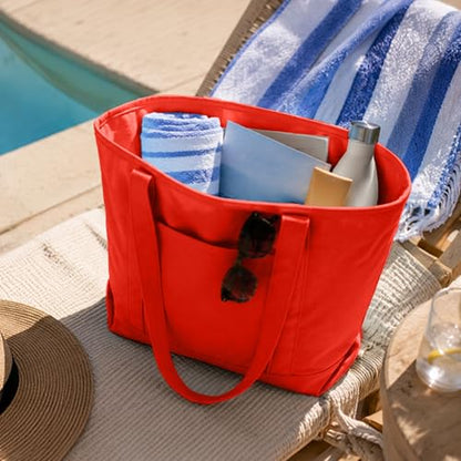 DALIX 20" Solid Color Cotton Canvas Shopping Tote Bag in Red - color: Red