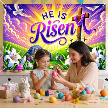 IVN He Is Risen Easter Banner 71x43 Inch Christian Cross Empty Tomb Lilies - color: He Is Risen Empty Tomb Cross Christian