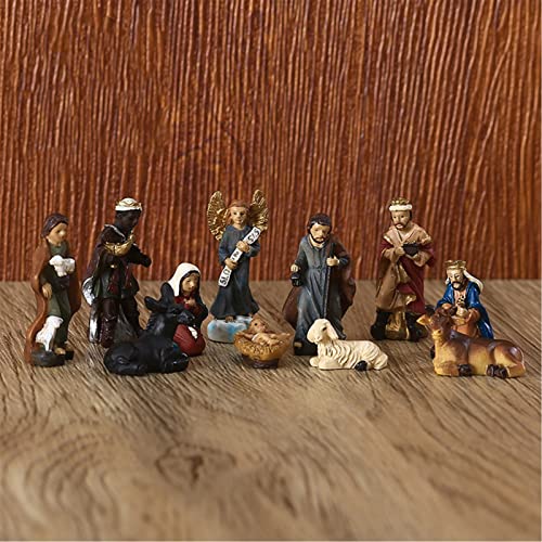 Tnfeeon 11 Pcs Christmas Indoor Resin Nativity Figurine Set Collectible Countertop Nativity Figures Miniature Statue Holy Family Decor