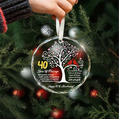 40th Wedding Anniversary Glass Ornament – Love Tree & Birds with Bible Verse – Christian 40 Year Marriage Keepsake Gift for Parents, Couples, Wife, Husband – Elegant Hanging Decoration