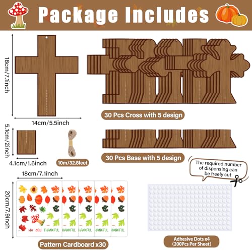 30 Sets Thanksgiving Christian Craft Kit DIY Fall Religious Cross Hanging Ornament Make Your Own Thankful Cross Crafts for Fall Church Autumn Sunday School VBS Class Art Project Home Party Activities