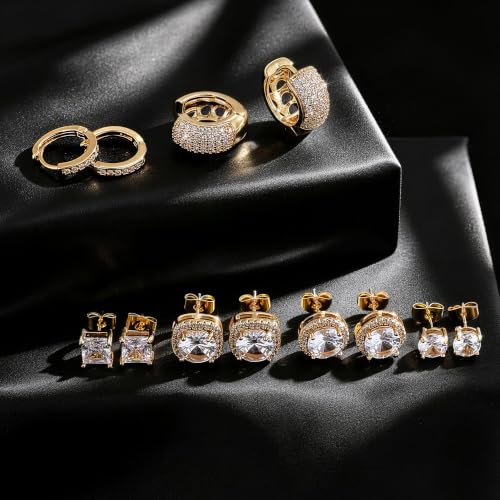 7 Pairs Stainless Steel Earrings for Men Women CZ Stud Hoop - color: Gold