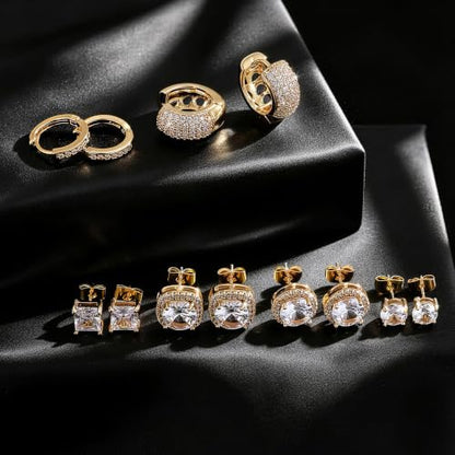 7 Pairs Stainless Steel Earrings for Men Women CZ Stud Hoop - color: Gold