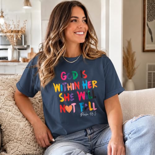 Sulayesh Christian Shirts for Women Jesus God is Within Her Tshirt Faith Inspirational Bible Verse Religious Graphic Tee Tops - color: Navy Blue, size: X-Large