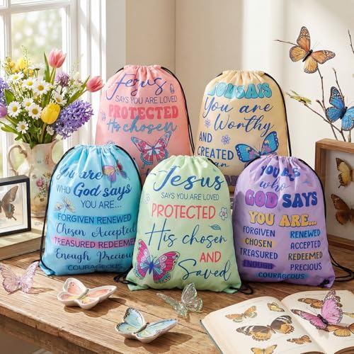 24 Pcs Religious Butterfly God Says Drawstring Backpack God Says Christian Drawstring Bags Large Jesus Bible Verse String Bag Sunday School Gifts - style: Religious Butterfly