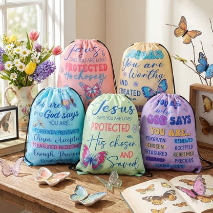 24 Pcs Religious Butterfly God Says Drawstring Backpack God Says Christian Drawstring Bags Large Jesus Bible Verse String Bag Sunday School Gifts - style: Religious Butterfly