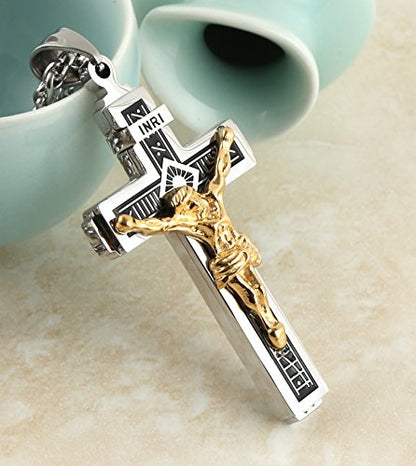 HZMAN Catholic Jesus Christ INRI Cross Crucifix Pendant Necklace for Men - color: Silver & Gold