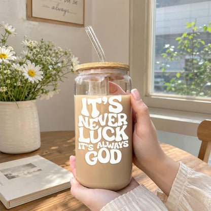 Mikopei Christian Gifts for Women, Faith Glass Cup with Lid and Straw 16 oz