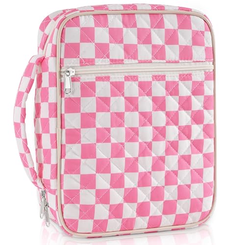 Bible Cover Case for Women Large Checkered Bible Bag Organizer Quilted Study Supplies Accessories Carrying Cases for Girls Portable Tote Bag Christian Gifts - color: Pink and White