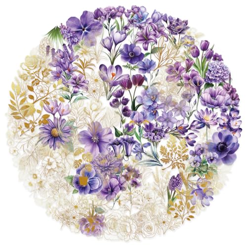 100PCS Flower Plants PET Transparent Stickers for Scrapbook Phone Cases Laptops Water Bottles Journal Notebook Bike Computer Helmet,Purple and Golden Flowers Waterproof Decal for Adult Girl Teen - color: Flower Plants Pet