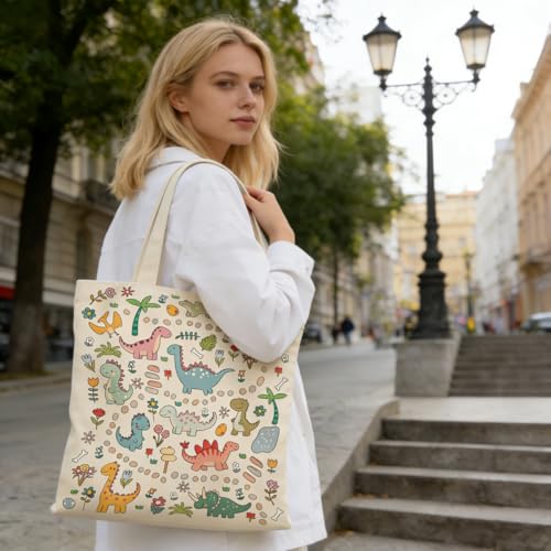Canvas Tote Bags Reusable Shopping Bag for Women with Zippered Inner Pocket Magnetic Snap Closure - color: Dinosaur