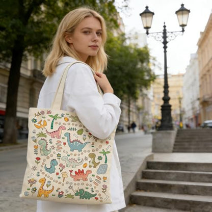 Canvas Tote Bags Reusable Shopping Bag for Women with Zippered Inner Pocket Magnetic Snap Closure - color: Dinosaur