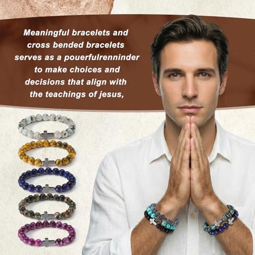 Huquary 24 Pcs Cross Beaded Bracelets, 8mm Christian Stone - color: multiple colors