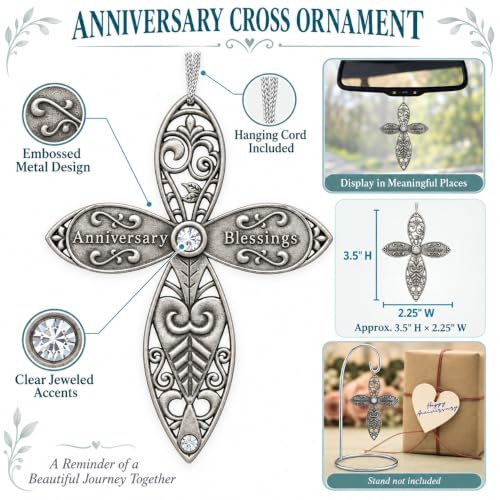 Anniversary Blessings Cross Ornament, Decorative Jeweled Cross Christmas Ornament, Religious for Couple, Husband, Wife, Parents or Grandparents, Christian Cross with Gems, 3.5 Inch