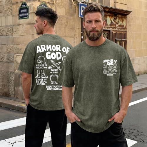 BINTEHGS Mens Oversized Christian Faith Shirt Armor of God Graphic Tee Vintage Religious Shirts Acid Wash Bible Verse T Shirt - color: Army Green, size: Small