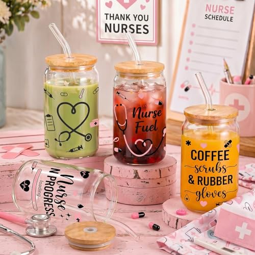 Glass Cups with Lids and Straws, 4Pack, 16oz, Nurse Nursing - color: Nurse Appreciation