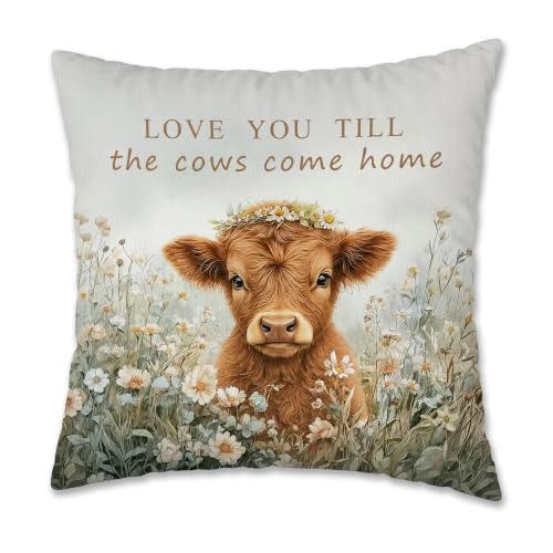 Cottagecore Daisy Highland Cow Throw Pillow Cover 18x18 Inch - color: Highland Cow-4