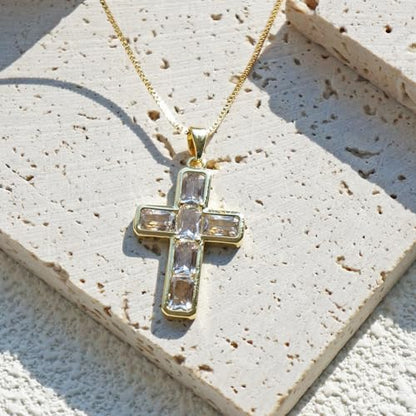 Gold Cross Necklace for Women, 14K Gold Plated - style: Square-Cut Zircon Cross
