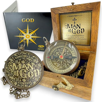 Handmade Religious Brass Compass Gift with Engraved & Embossed Faith Messages – Inspirational Christian Religious Gift Keepsake for Baptism, Confirmation, Christening, First Communion or Christmas - style: Man of God – Edition 1