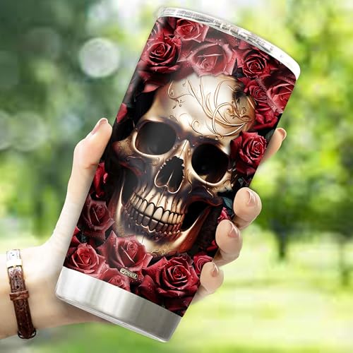 Personalized Rose And Skull Tumbler Gifts for Women Travel Cup Coffee Mug Insulated Stainless Steel 20oz With Lid Water Bottle Gift for Mom Wife Daughter Girls - color: SKULL ROSE