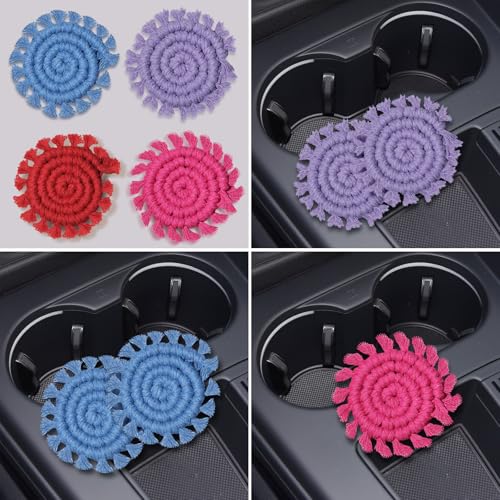Cotton Car Coasters for Cup Holders, 2 Pack Car Cup Coasters, Drink Coaster Holder Cute Boho Macrame Cupholder Coaster Accessories for Women-3 inch (Purple) - color: Purple