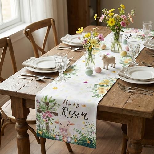 Easter Table Runner 13 x 72 Inch, He is Risen Religious Cross and Little Lamb Decor, Modern Farmhouse Spring Floral Kitchen Dining Table Runner for Holiday Party, Indoor Outdoor Decoration - style: He Is Risen Lamb