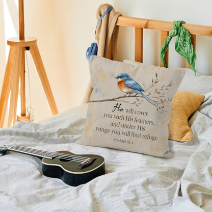 Farmhouse Christian Bible Verse Blue Bird Throw Pillow Cover 18x18 - color: Christian