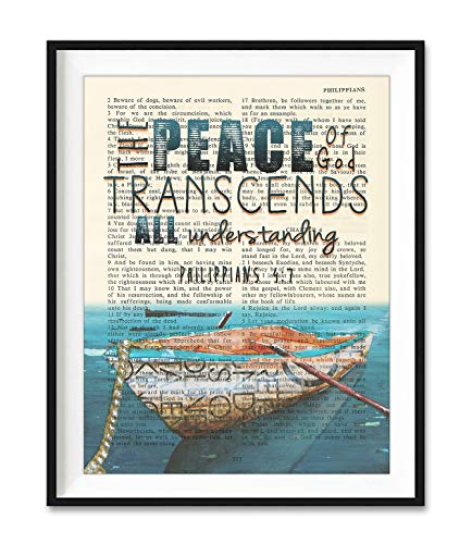 The Peace of God Transcends All Understanding, Philippians 4:7, Art Print, Unframed, Vintage Bible Verse Scripture Page, Rowboat Nautical Christian Wall Decor Poster Gift, 8x10 Inches