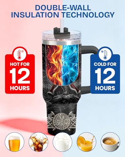 34HD Viking Valhal La Funny Norse 40 oz Tumbler with Handle, Gift for Papa - color: VikingBlack