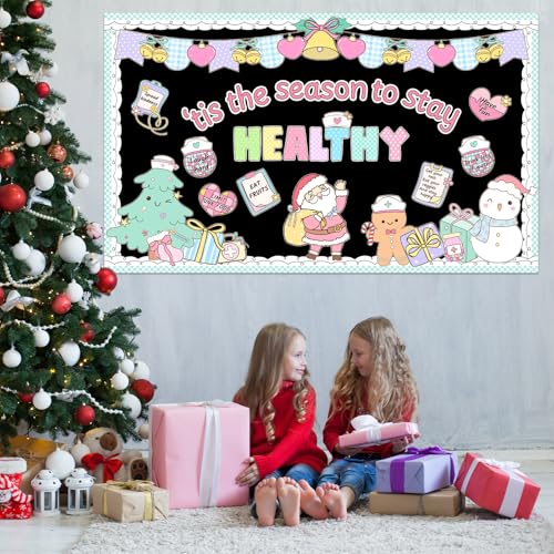 Christmas Health Bulletin Board Decorations Set Xmas Pastel Healthy Habits Poster Christmas Tree Snowman Santa Cutouts for Classroom School Home Chalkboard Wall Winter Holiday Party Decor Supplies - style: Health