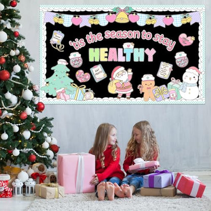 Christmas Health Bulletin Board Decorations Set Xmas Pastel Healthy Habits Poster Christmas Tree Snowman Santa Cutouts for Classroom School Home Chalkboard Wall Winter Holiday Party Decor Supplies - style: Health