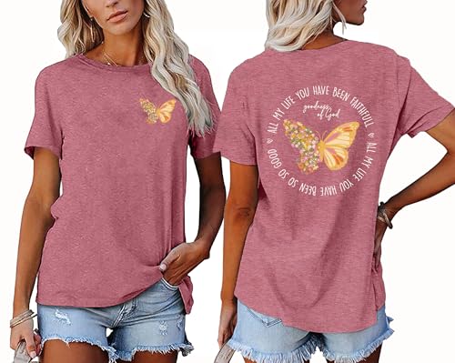 Christian Shirt for Women :Butterfly Graphic Shirts Bible Verse Tshirt Good Ness of God Tee Tops - color: Pink, size: X-Large
