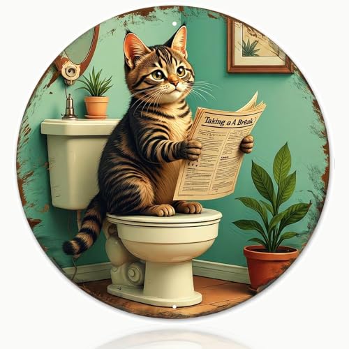 Funny Cat Metal Sign Cat On Toilet Vintage Tin Sign - color: Funny Cat
