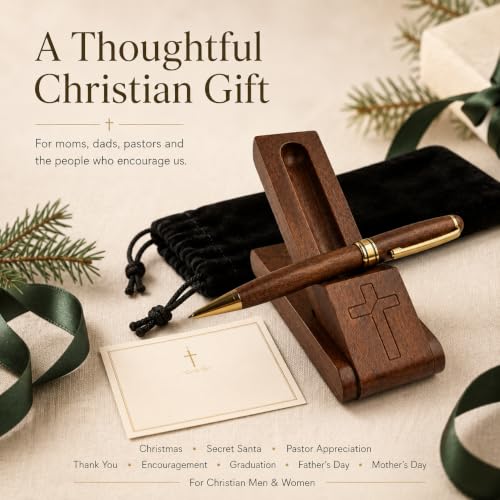 Wooden Christian Pen & Holder with Engraved Cross – Faith Gift For Christian Men and Women. Pastor Appreciation. Religious Pen Desk Accessory.