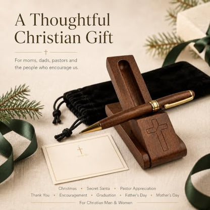 Wooden Christian Pen & Holder with Engraved Cross – Faith Gift For Christian Men and Women. Pastor Appreciation. Religious Pen Desk Accessory.