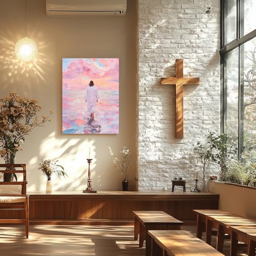 FASWQ Wrapped Canvas Pink Jesus Walking on Water Wall Art 20x30 in - color: JesusBack, size: 30"L x 20"W