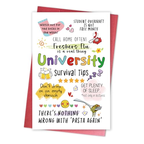 University Survival Tips Card for Freshers, Funny College Freshman Orientation Card, Going to University Gift for High School Graduates - color: University Survival Tips