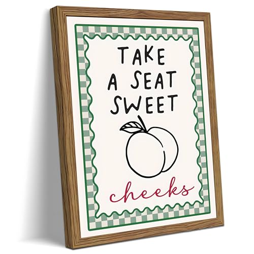 Funny Bathroom Wall Art Framed Canvas Print, Take A Seat Sweet Cheeks Peach Poster Painting Picture, Cute Farmhouse Bathroom Decor, Humorous Restroom Wall Decor for Guest Bathroom Home 12x16 Inch - color: A-Peach, size: 16"L x 12"W